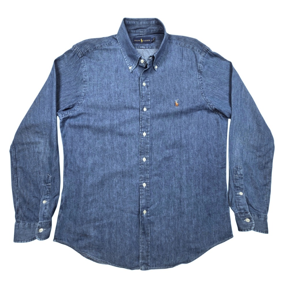 Ralph Lauren Blue Denim Chambray Button Down Shirt Mens L Cotton Long Sleeve
